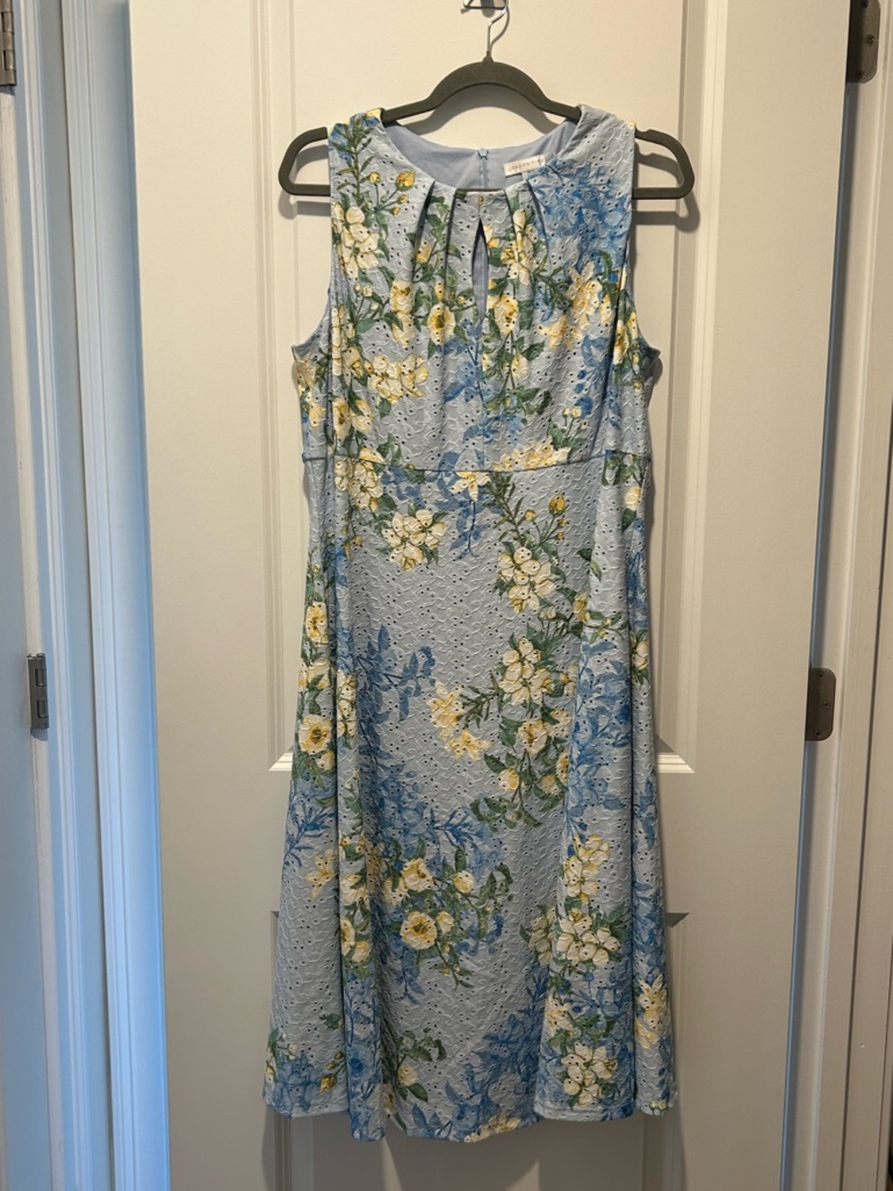 London Times Blue Floral Eyelet Fit & Flare Dress Size 14 Lined Spring